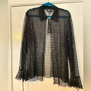 Spense Black Sheer Sequin Tie-Neck Blouse